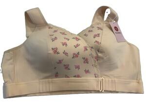 NWT FionaBra Cream Floral Wireless Front Wrap Closure Wide Strap for Seniors 5XL